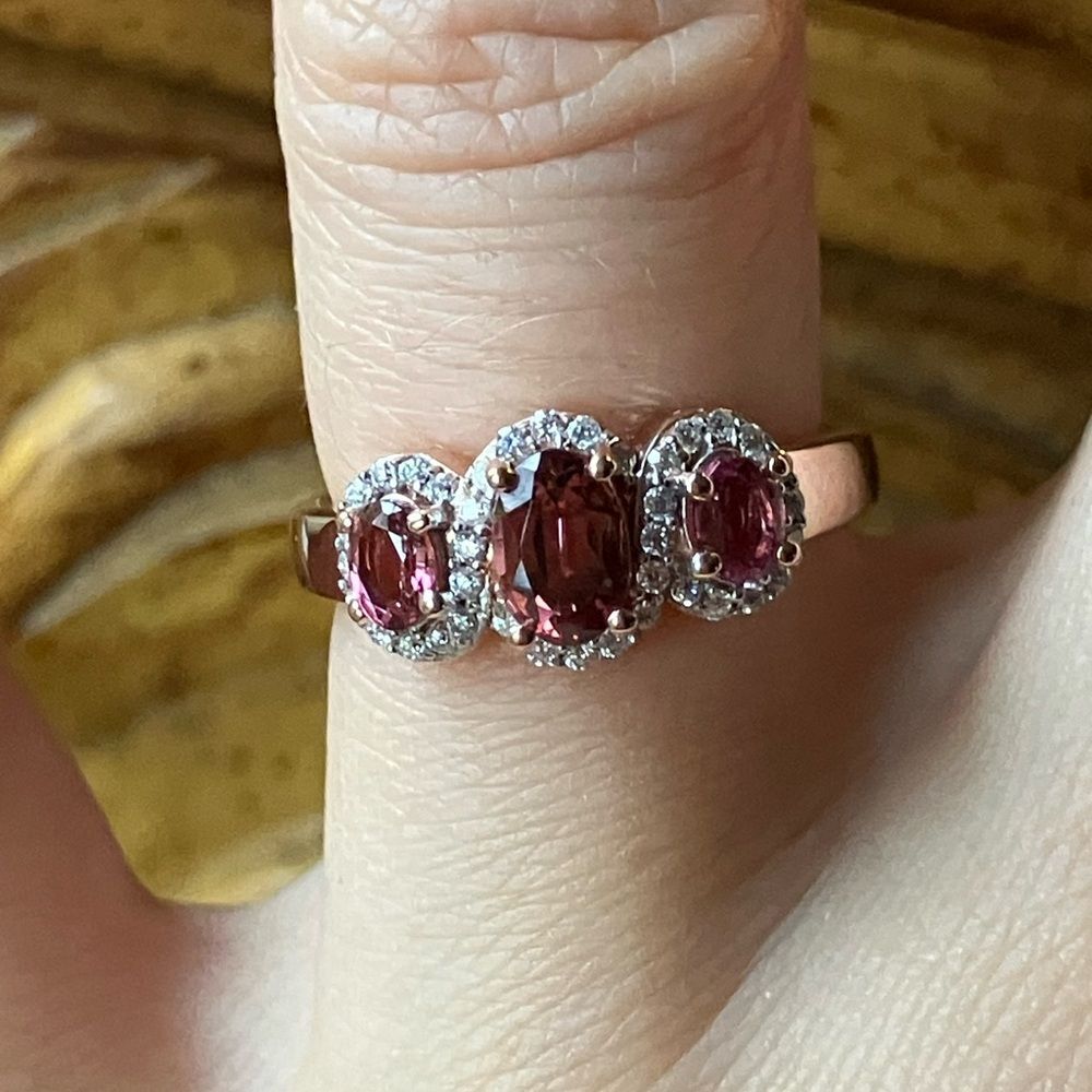 Natural Rubellite Moissanite Sterling Silver Trilogy Ring Size 6